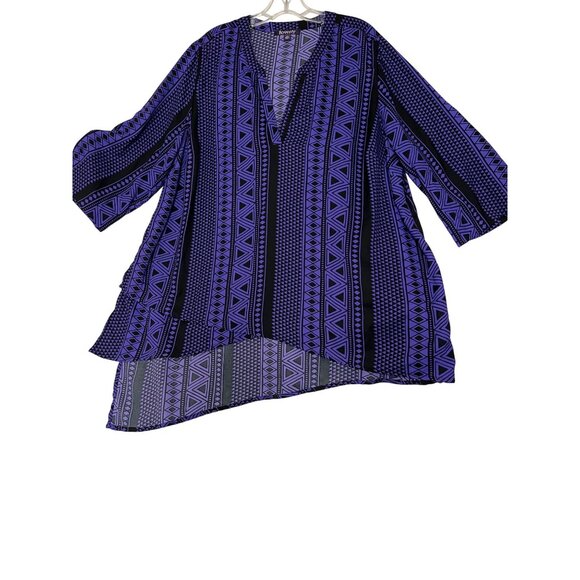 NWOT Romans 20W V-Neck Purple Black Geometric Print Tunic Top With 3/4  Roll Sle - Picture 1 of 12